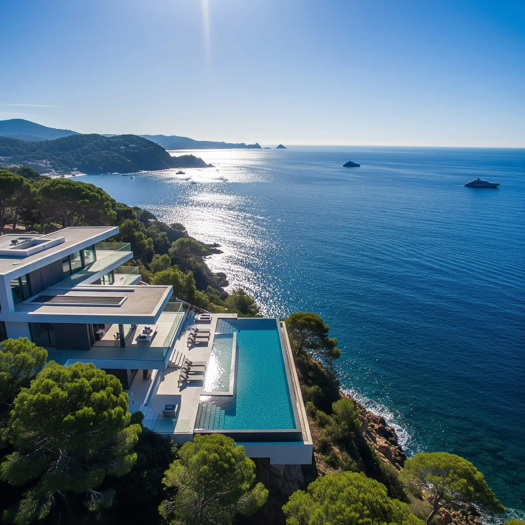Villa contemporaine en surplomb d'une crique de la Costa Brava, piscine à débordement face à la mer